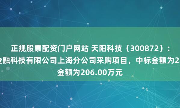 正规股票配资门户网站 天阳科技（300872）：中标成方金融科技有限公司上海分公司采购项目，中标金额为206.00万元